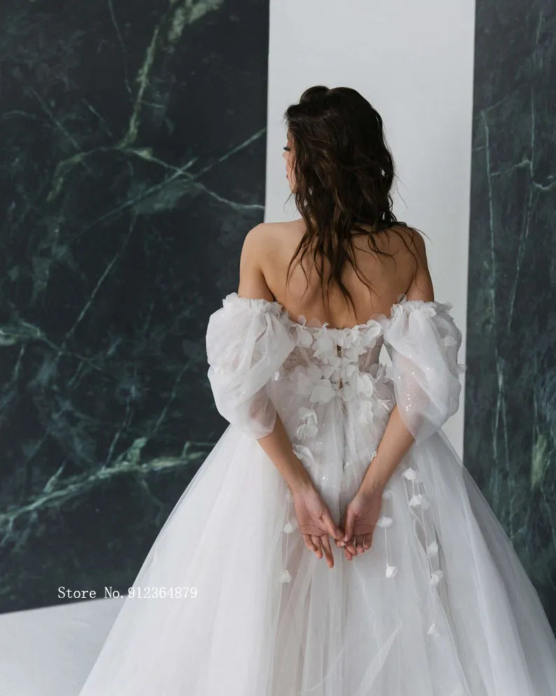 3D Flower Wedding Dresses with Detachable Sleeves