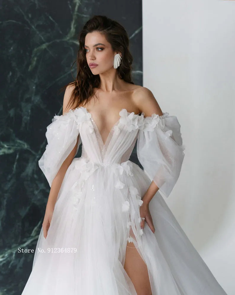 3D Flower Wedding Dresses with Detachable Sleeves