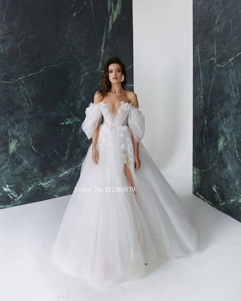 3D Flower Wedding Dresses with Detachable Sleeves