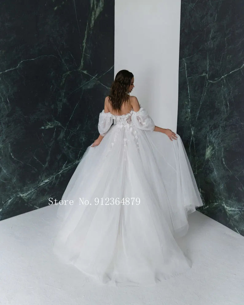 3D Flower Wedding Dresses with Detachable Sleeves
