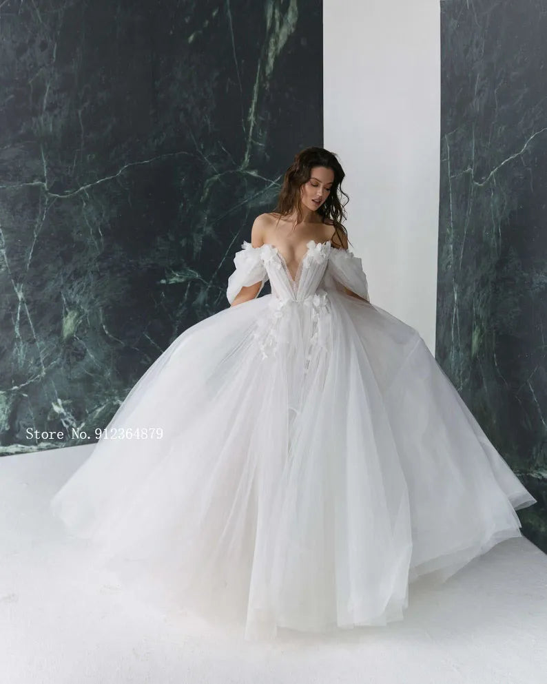 3D Flower Wedding Dresses with Detachable Sleeves