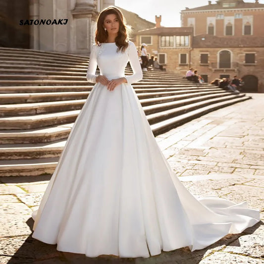 Simple Elegant White Satin Long Sleeve Wedding Dress