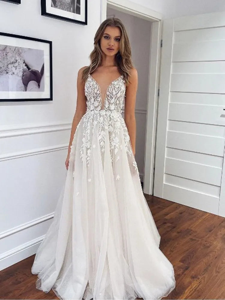 BEACH Spaghetti Strap Deep V Neck Wedding Dress