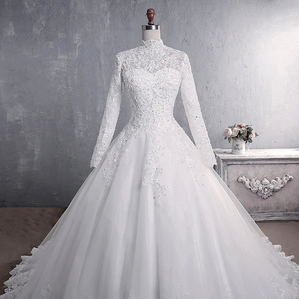 Elegant High Neck With Train Princess Bride Dress