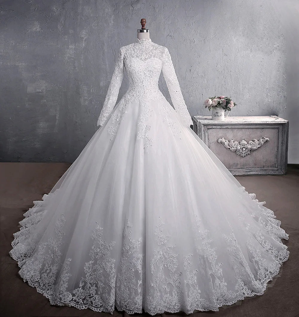 Elegant High Neck With Train Princess Bride Dress