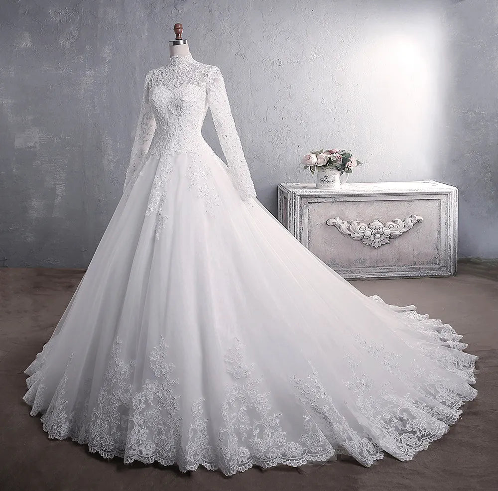 Elegant High Neck With Train Princess Bride Dress