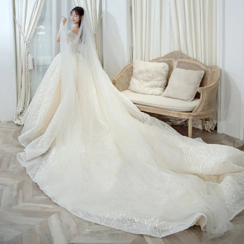 Luxury Sequins Wedding Dress Classic Boat Neck Bridal Gown