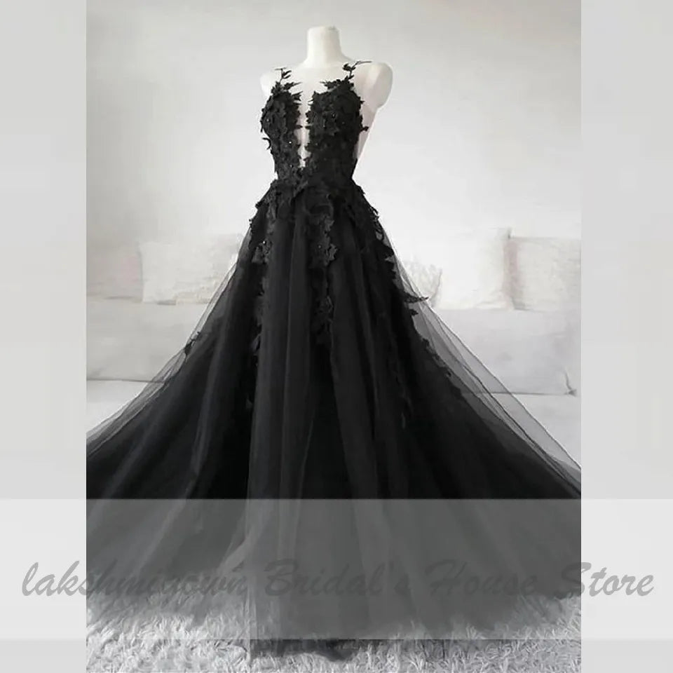 Floral Gothic Black Long Wedding Dress