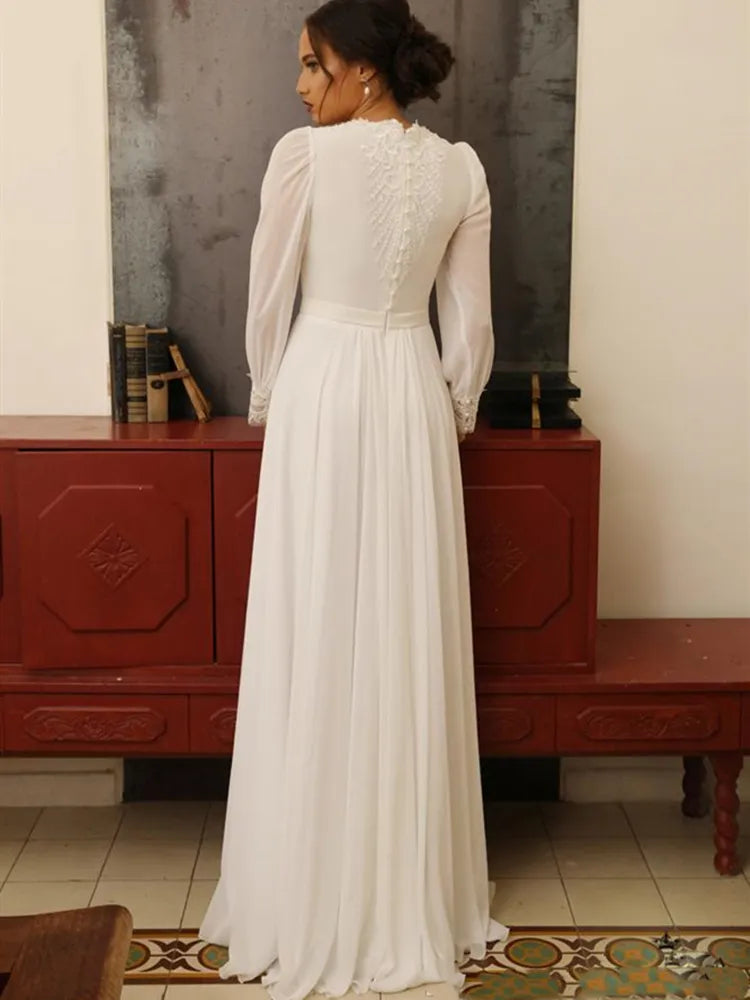 Elegant Boho Wedding Dress Long Sleeves High Neck