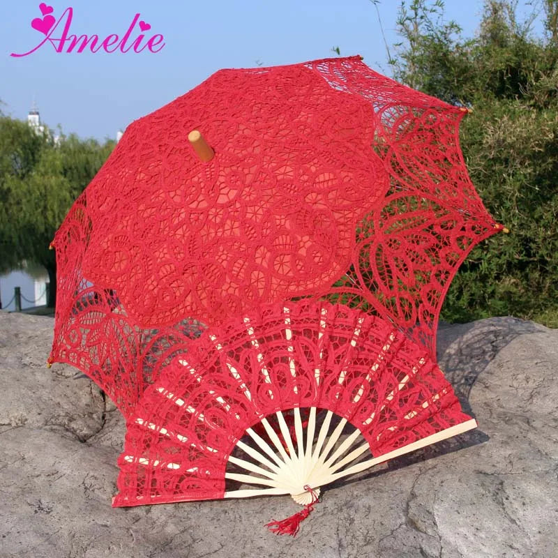 Handmade Bridal Lace Parasol and Fan set