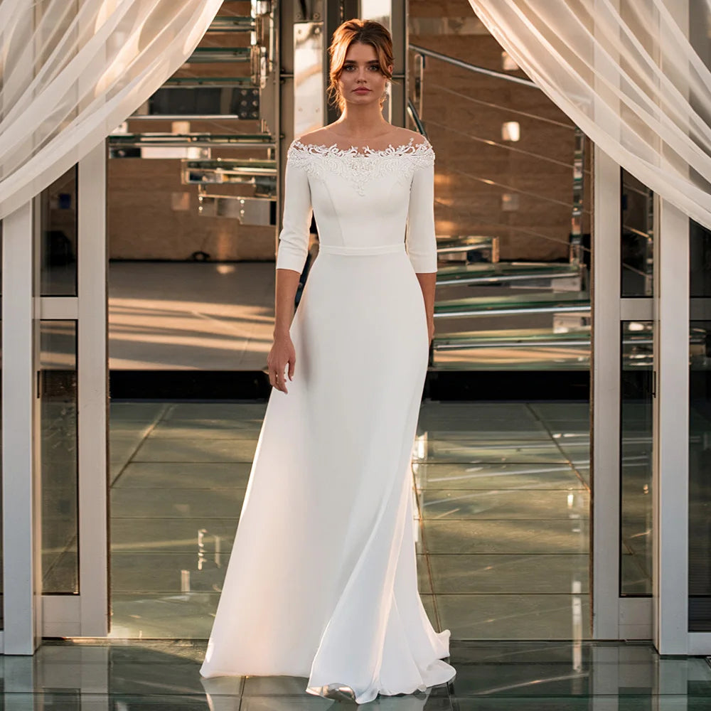 Simple Wedding Dress Elegant Boat Neck 3/4 Sleeves