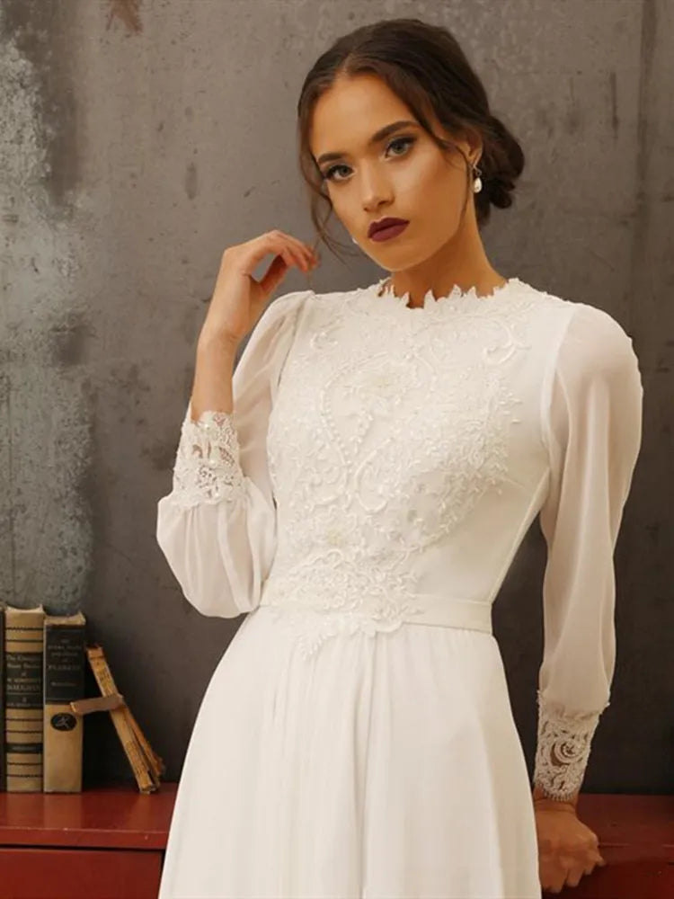 Elegant Boho Wedding Dress Long Sleeves High Neck