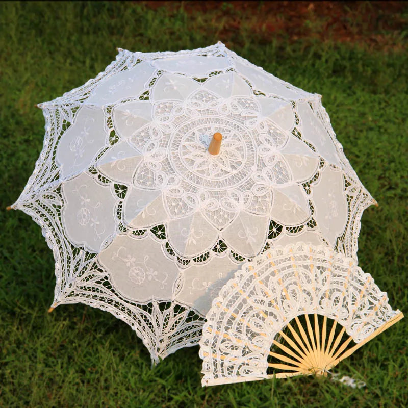 Handmade Bridal Lace Parasol and Fan set