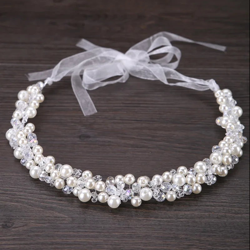 New Pearl Crystal Beads Ribbon Bridal Hairbands