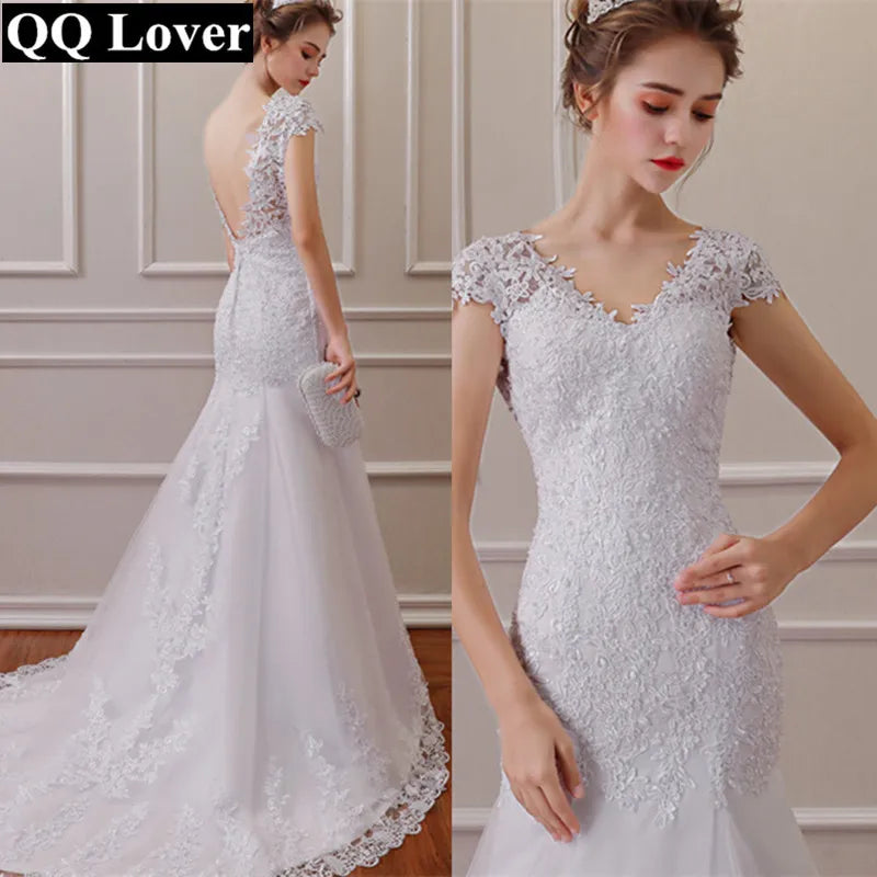 White Backless Lace Mermaid Wedding Dress