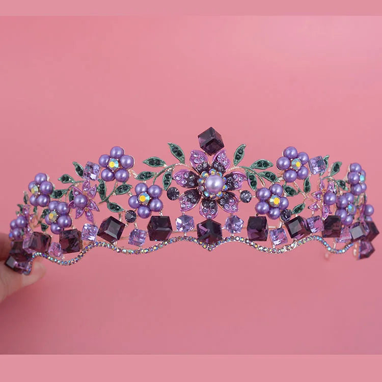 Luxury Baroque Purple Crystal Pearl Bridal Crown Tiara