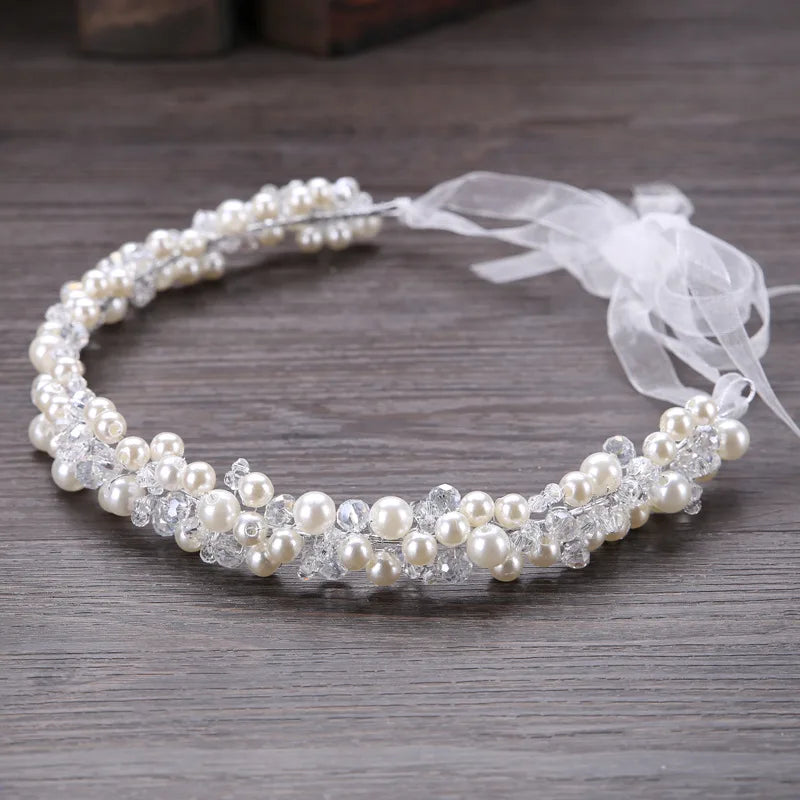 New Pearl Crystal Beads Ribbon Bridal Hairbands