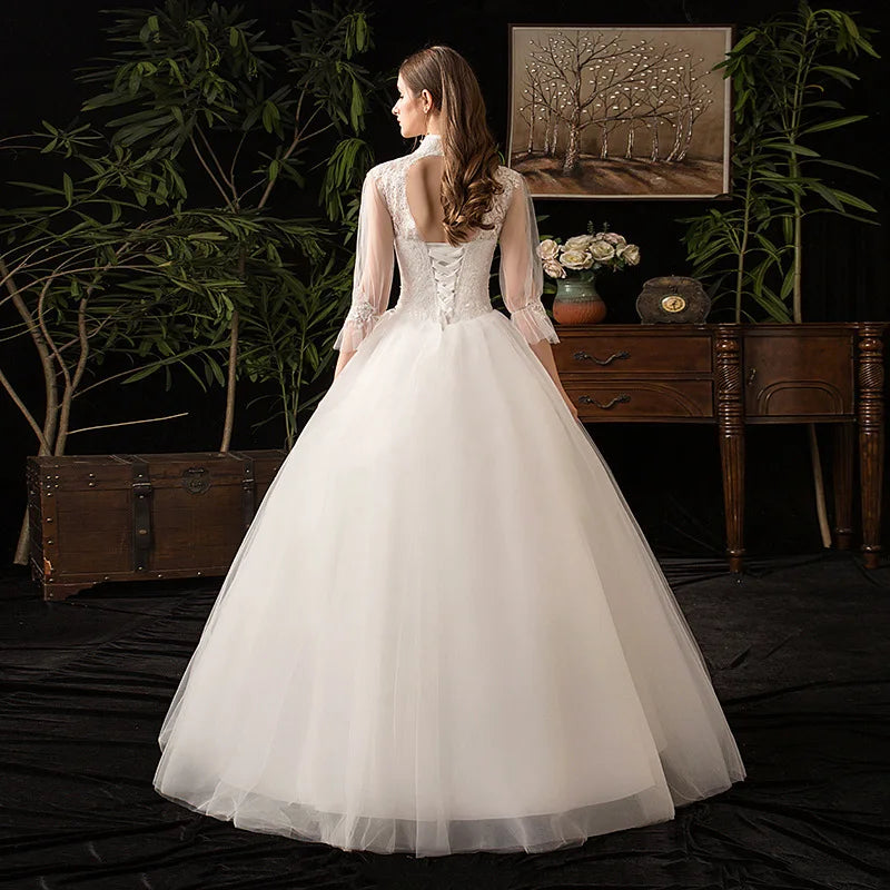 New High Neck Three Quarter Sleeve Wedding Dress