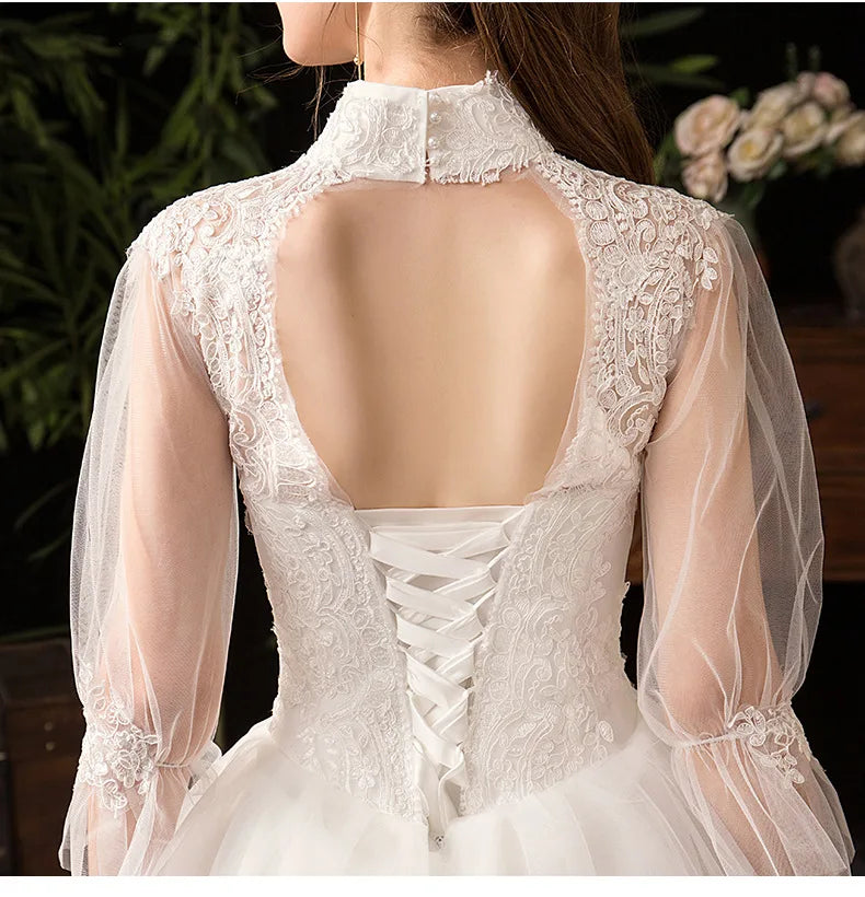 New High Neck Three Quarter Sleeve Wedding Dress