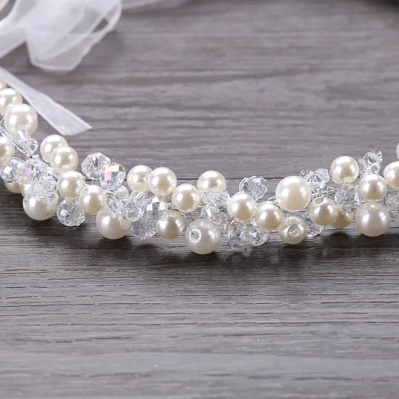 New Pearl Crystal Beads Ribbon Bridal Hairbands