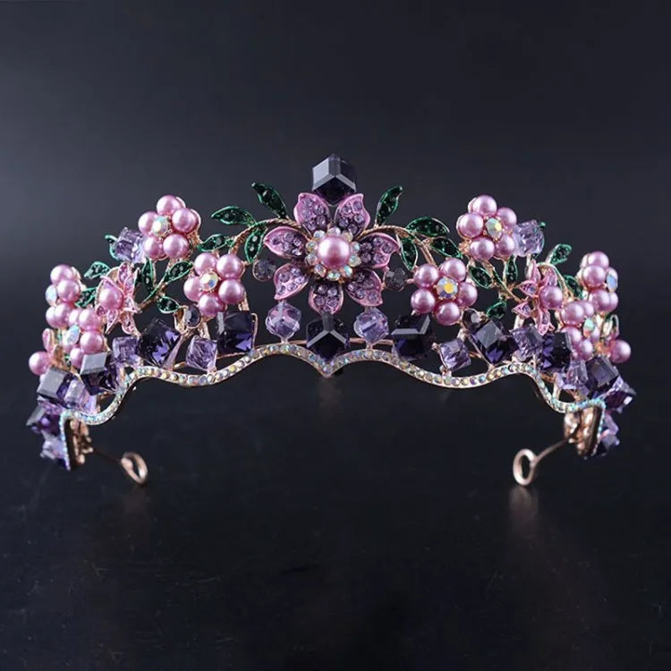 Luxury Baroque Purple Crystal Pearl Bridal Crown Tiara