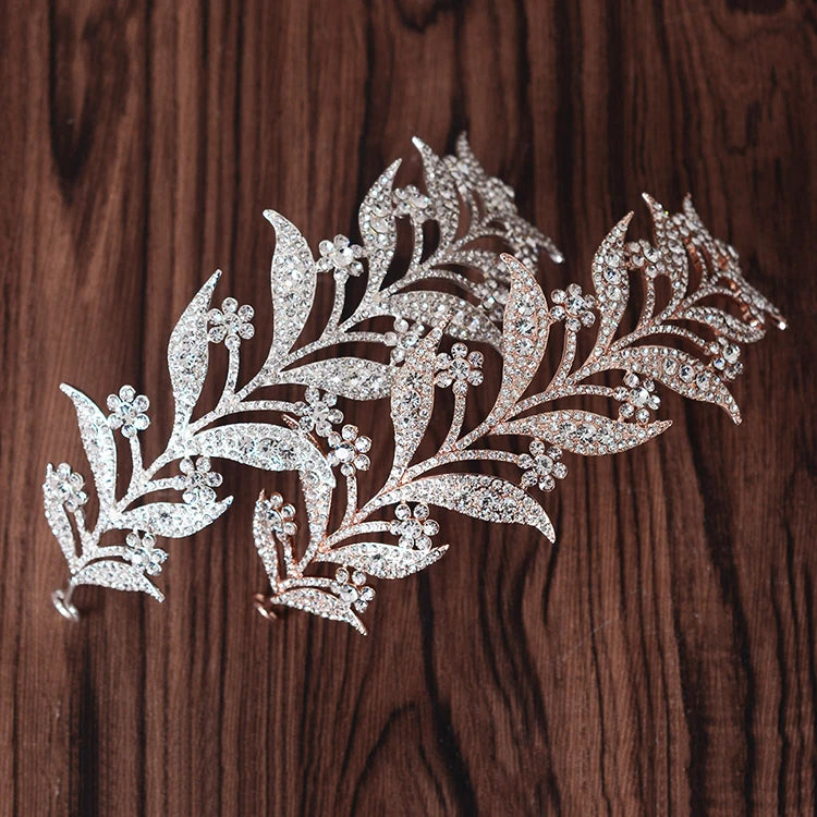 Luxury Silver Color Crystal Leaf Vine Bridal Tiaras Crown