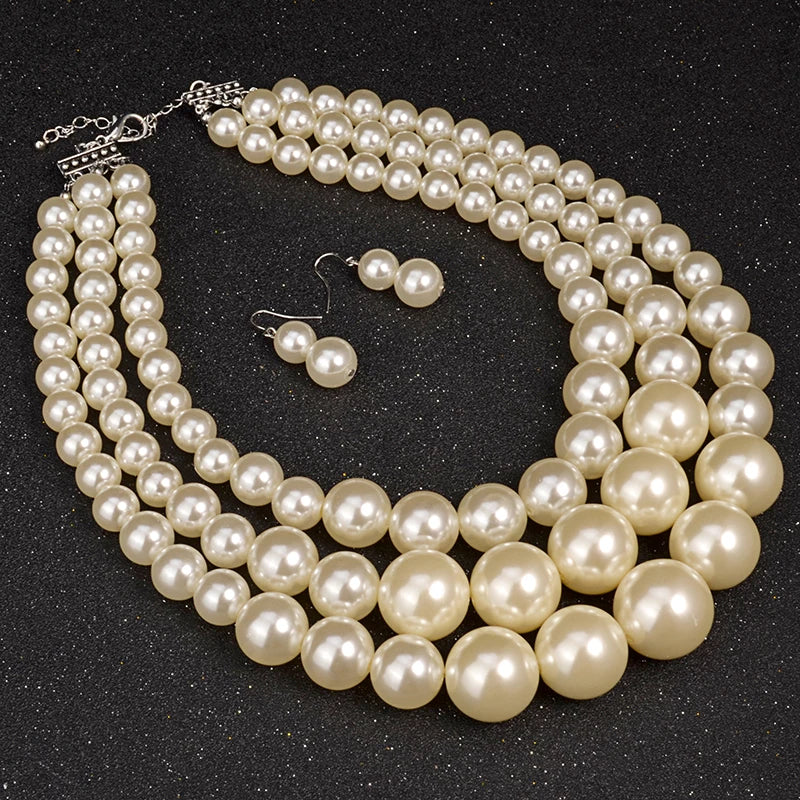 Three Strand Pearl Jewelry Bridal Necklace Set