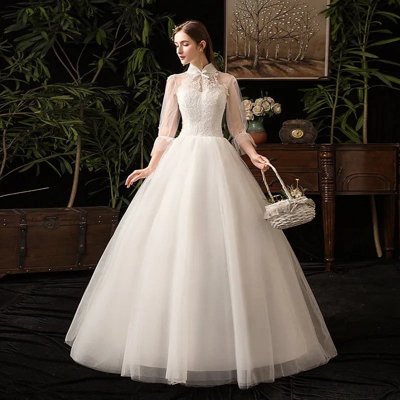 New High Neck Three Quarter Sleeve Wedding Dress