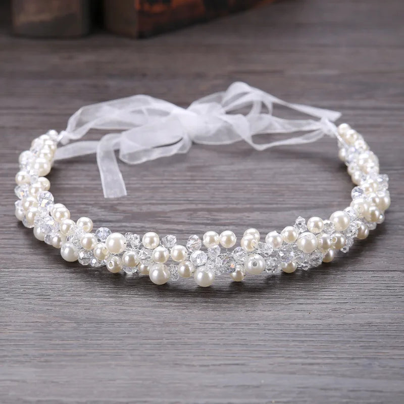 New Pearl Crystal Beads Ribbon Bridal Hairbands