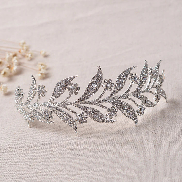 Luxury Silver Color Crystal Leaf Vine Bridal Tiaras Crown