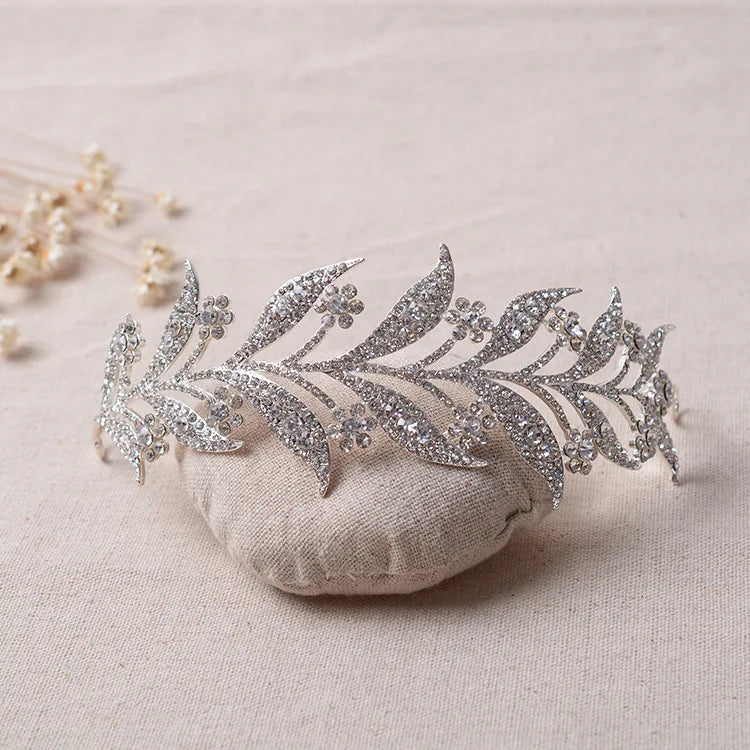 Luxury Silver Color Crystal Leaf Vine Bridal Tiaras Crown