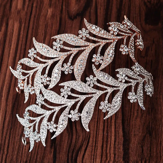 Luxury Silver Color Crystal Leaf Vine Bridal Tiaras Crown