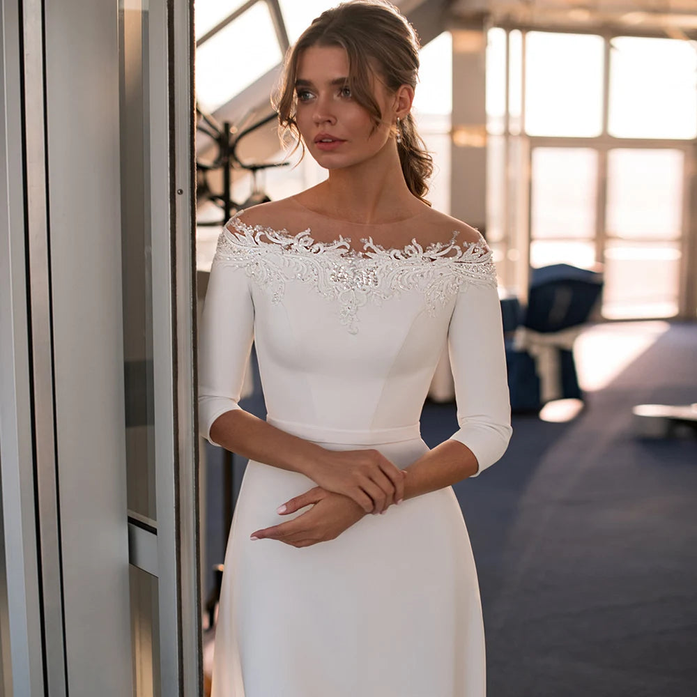 Simple Wedding Dress Elegant Boat Neck 3/4 Sleeves