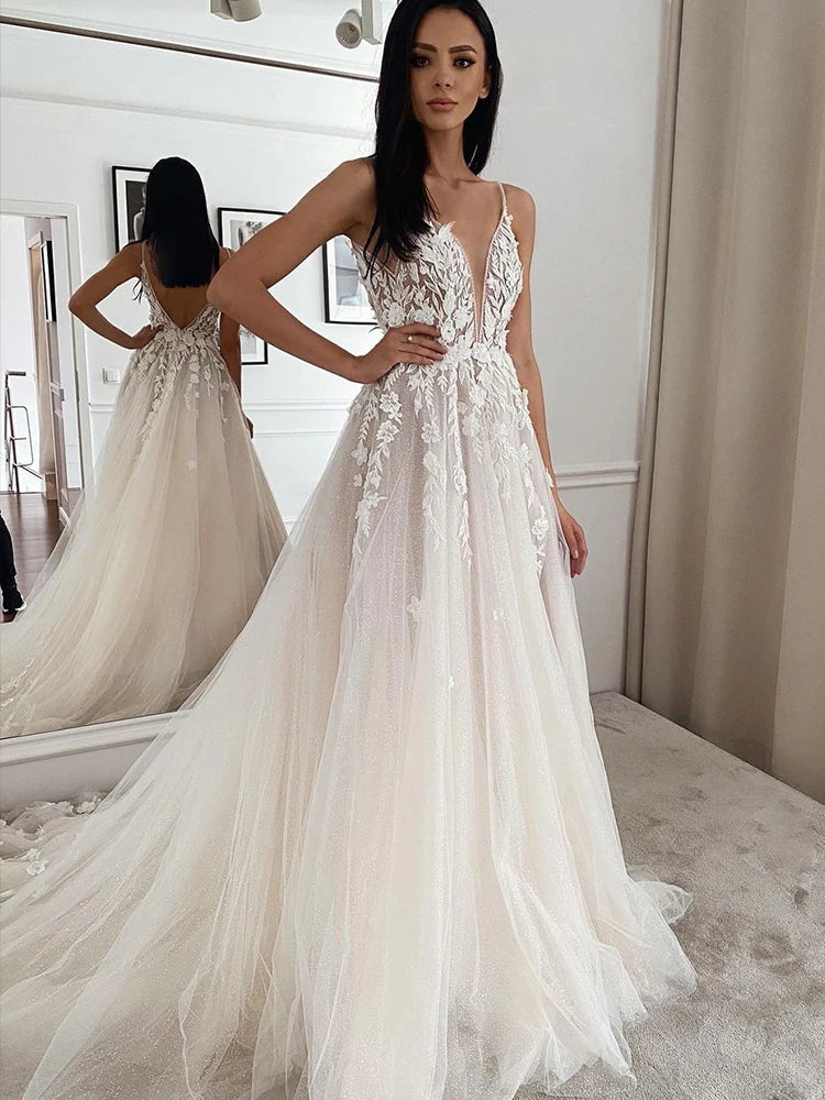 BEACH Spaghetti Strap Deep V Neck Wedding Dress