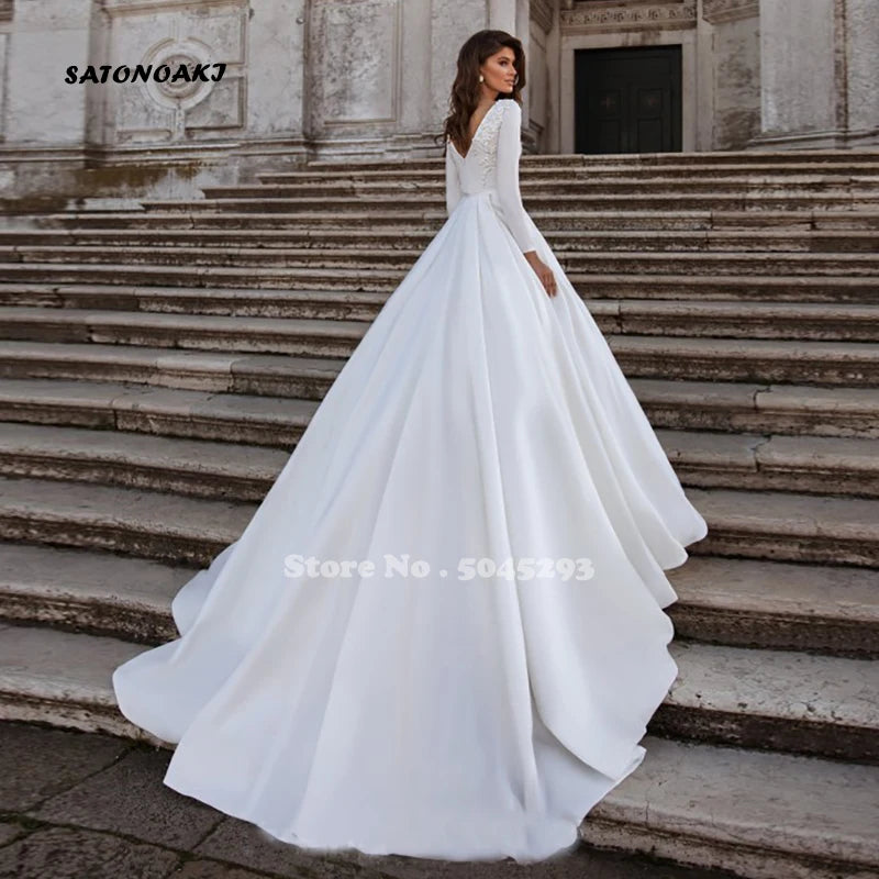 Simple Elegant White Satin Long Sleeve Wedding Dress