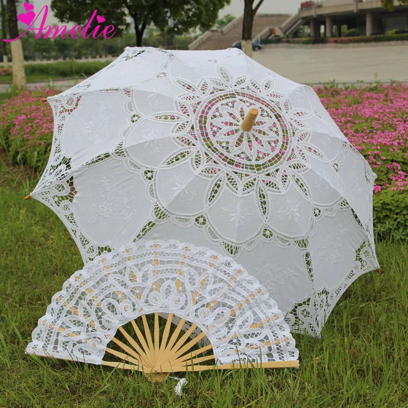 Handmade Bridal Lace Parasol and Fan set