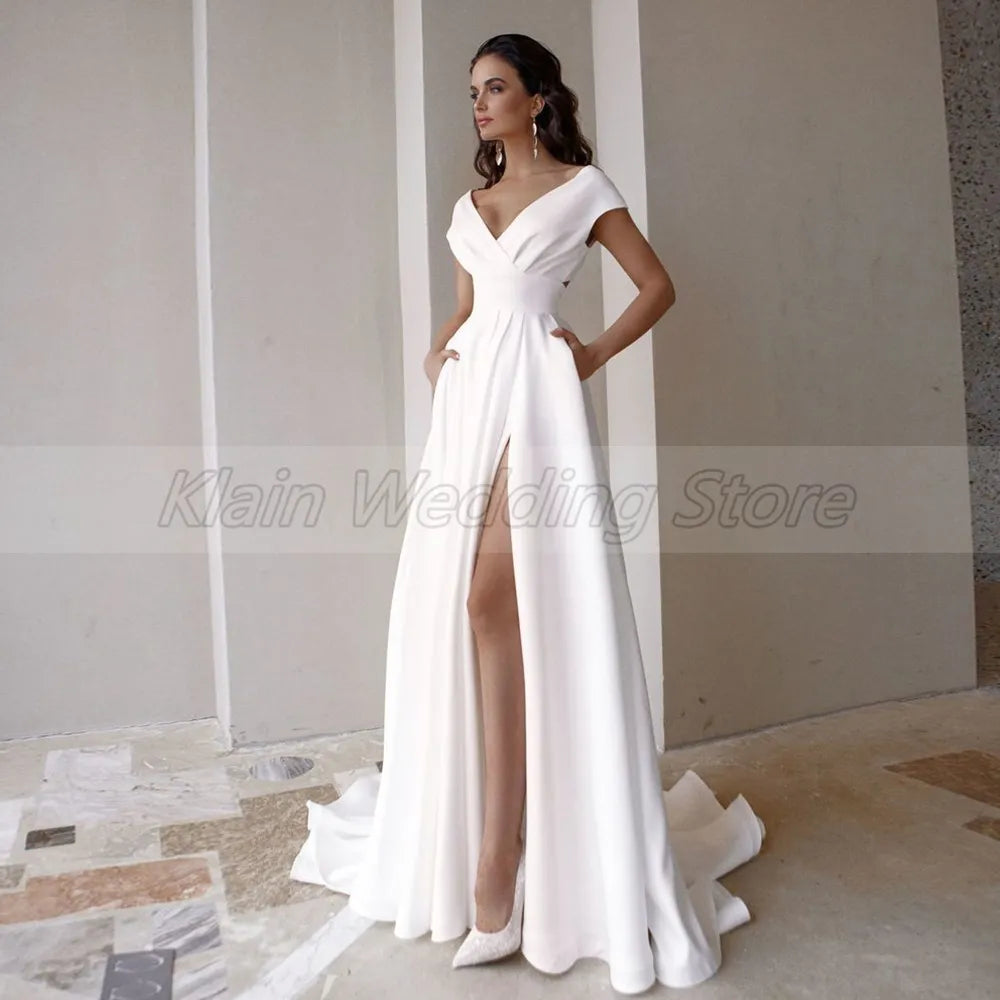 Modest V-Neck Civil Wedding Dress with Slit