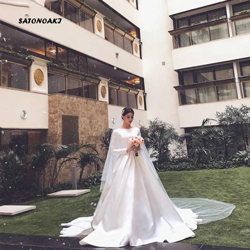 Simple Vintage White Ivory Satin Wedding Dress