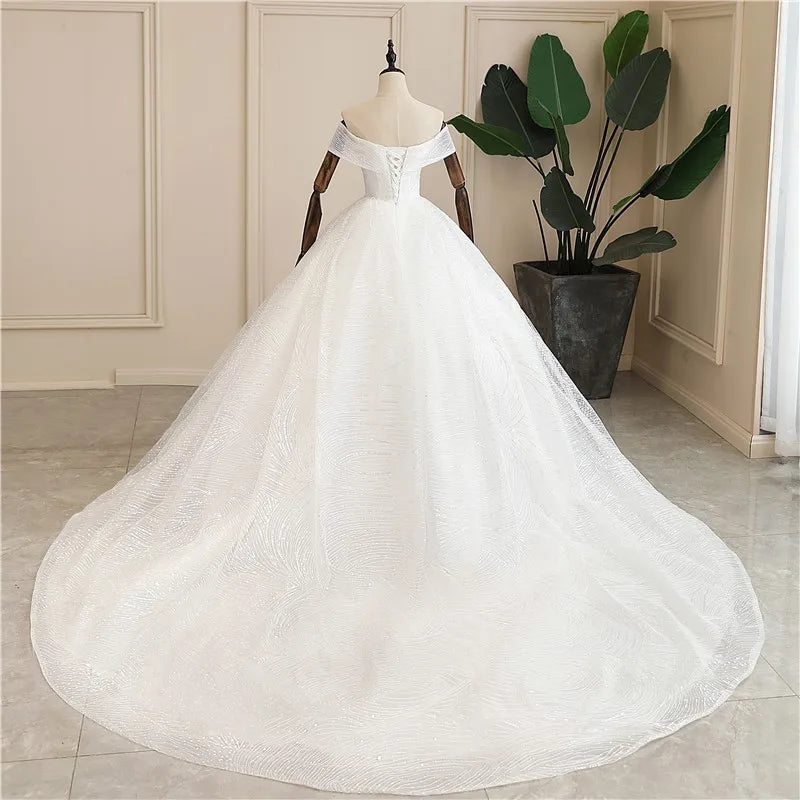 Luxury Sequins Wedding Dress Classic Boat Neck Bridal Gown