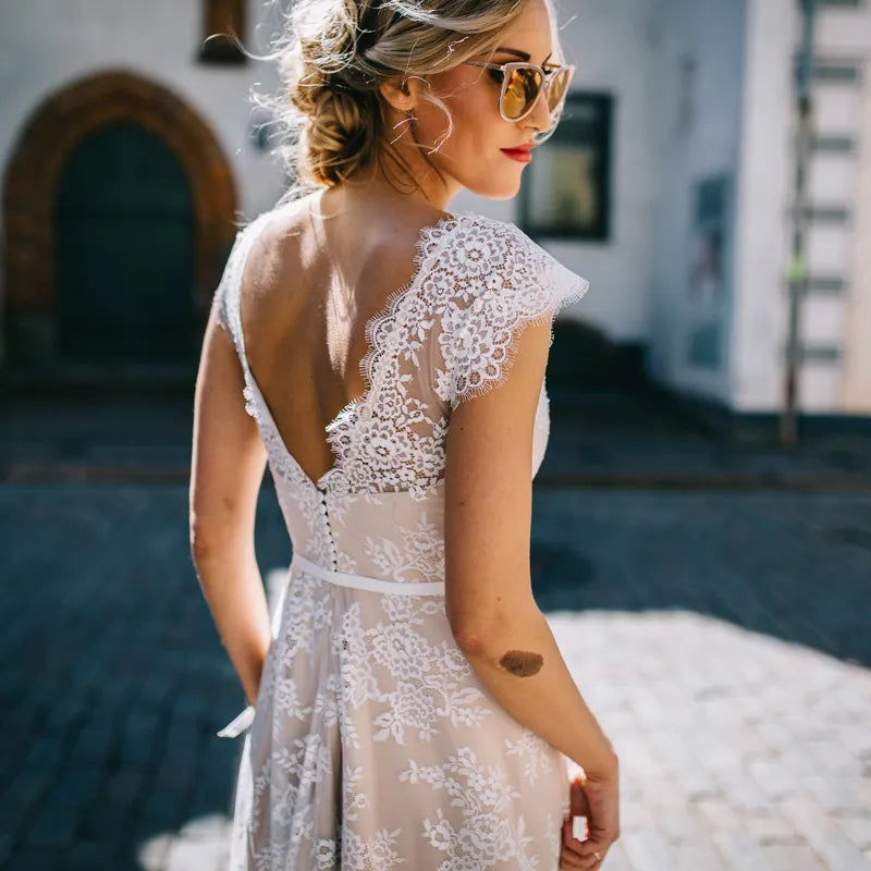 Vintage Champagne Lace Bohemian Wedding Dress