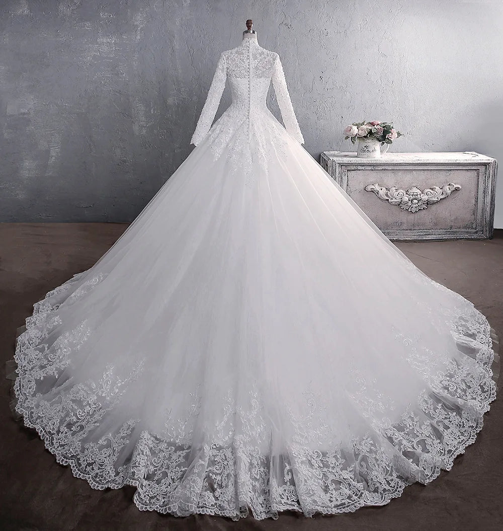 Elegant High Neck With Train Princess Bride Dress