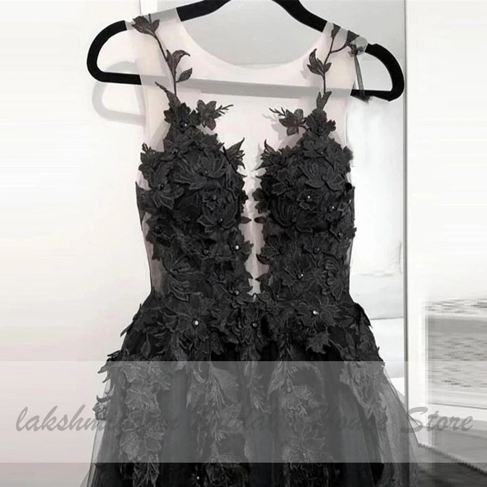 Floral Gothic Black Long Wedding Dress