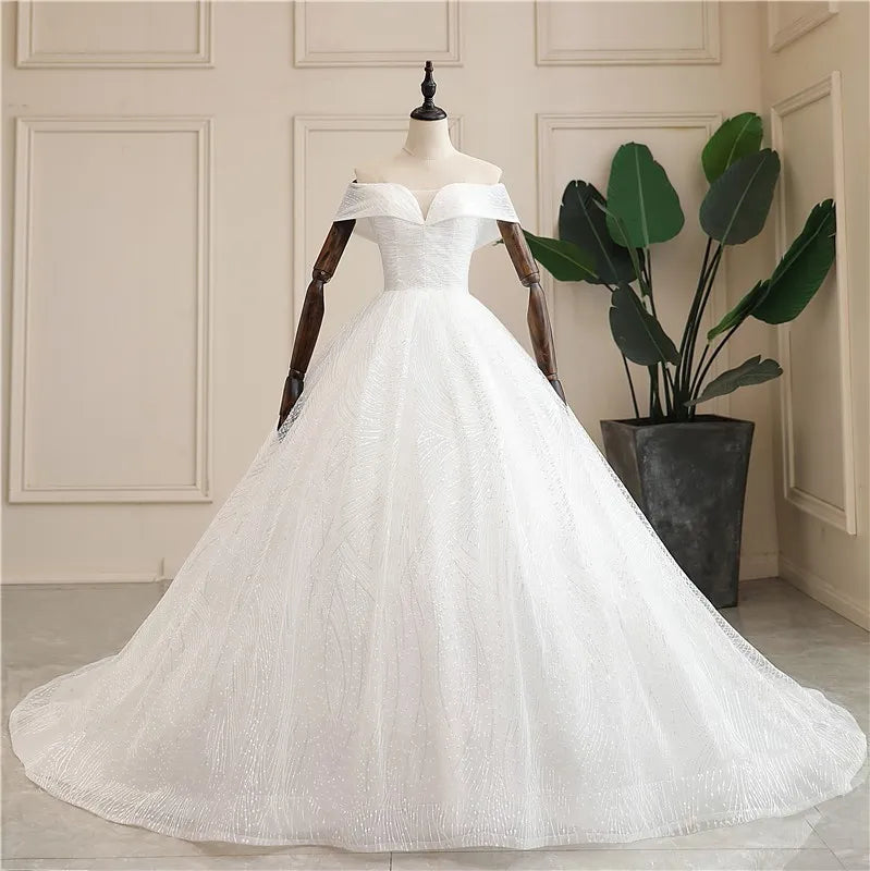 Luxury Sequins Wedding Dress Classic Boat Neck Bridal Gown