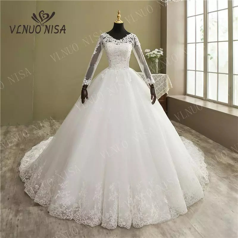 Fashion Elegant Lace Embroidery Long Sleeve Wedding Dress