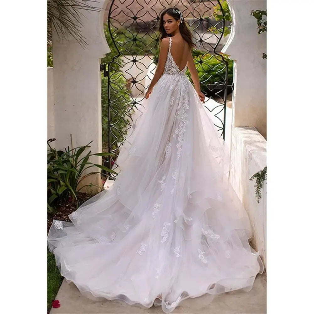 Long Boho A-Line Backless Wedding Dress