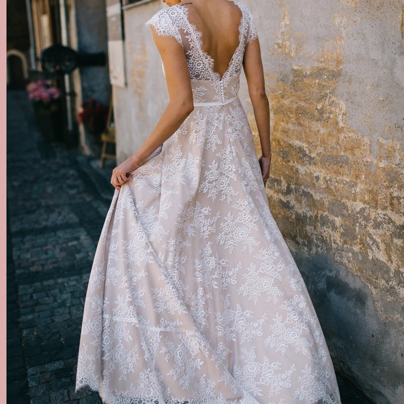 Vintage Champagne Lace Bohemian Wedding Dress