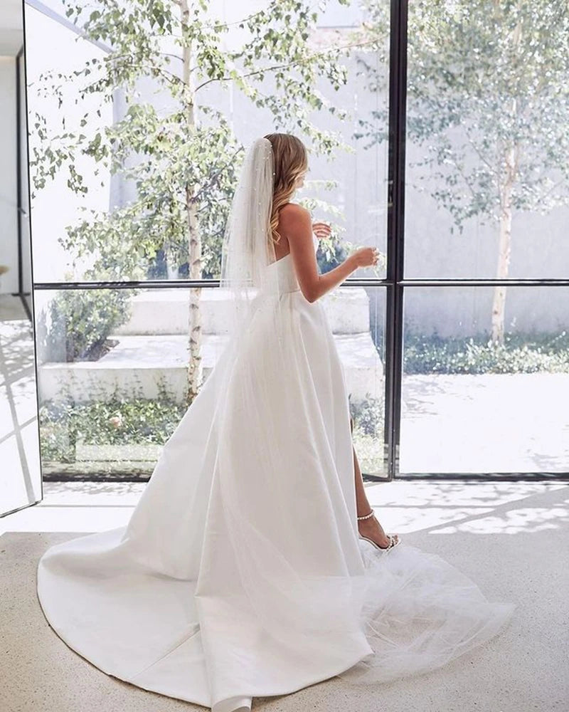 Simple Pleat V-neck Wedding Dress High Side Slit