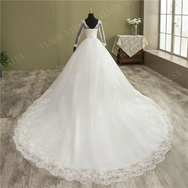 Fashion Elegant Lace Embroidery Long Sleeve Wedding Dress