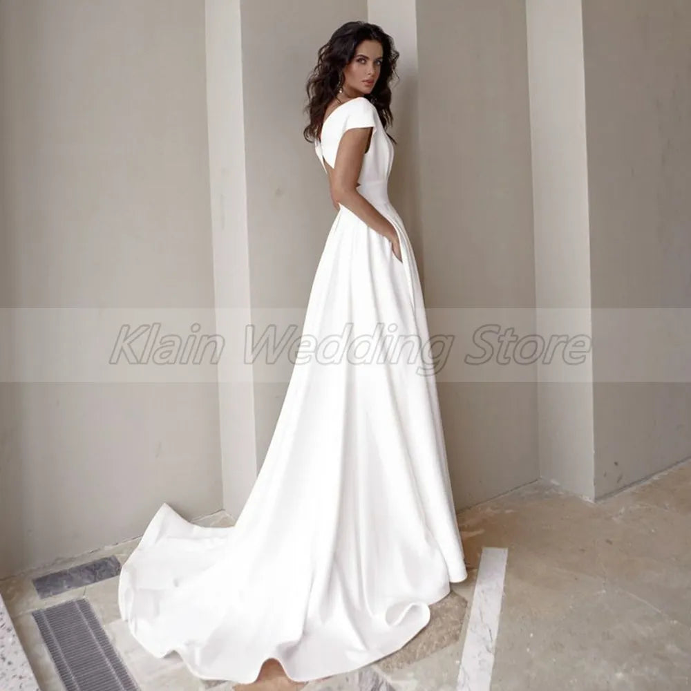 Modest V-Neck Civil Wedding Dress with Slit