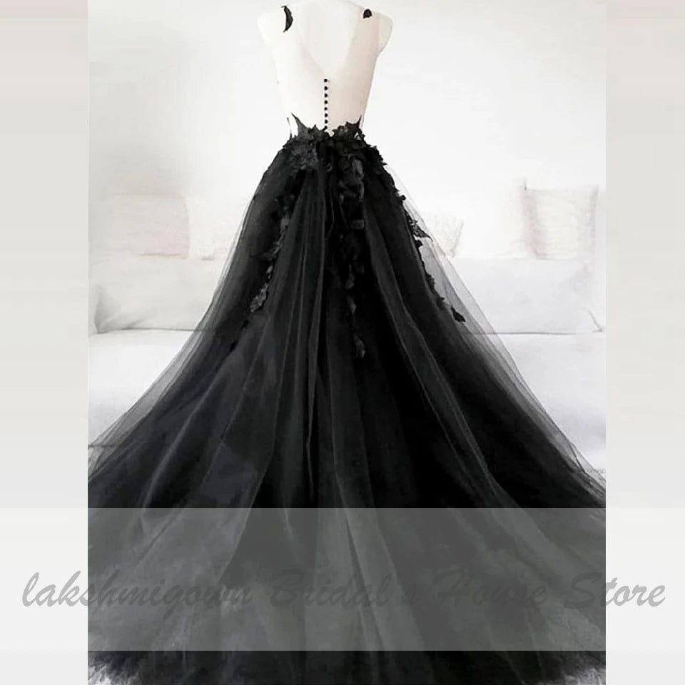 Floral Gothic Black Long Wedding Dress